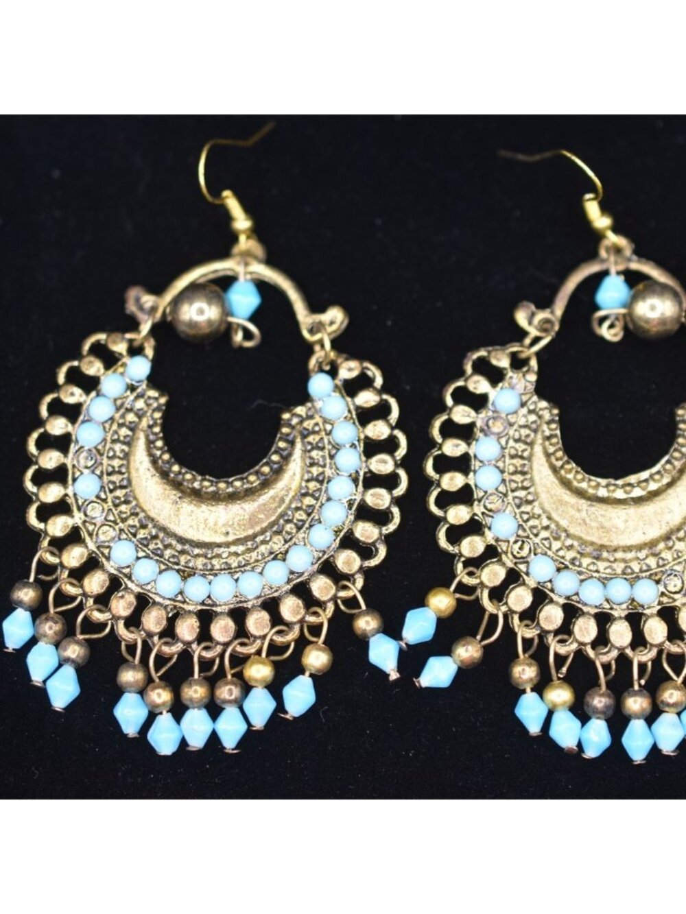 Gold Crescent Moon Dangle Earrings‎ Boho Blue Bead Festival Jewelry